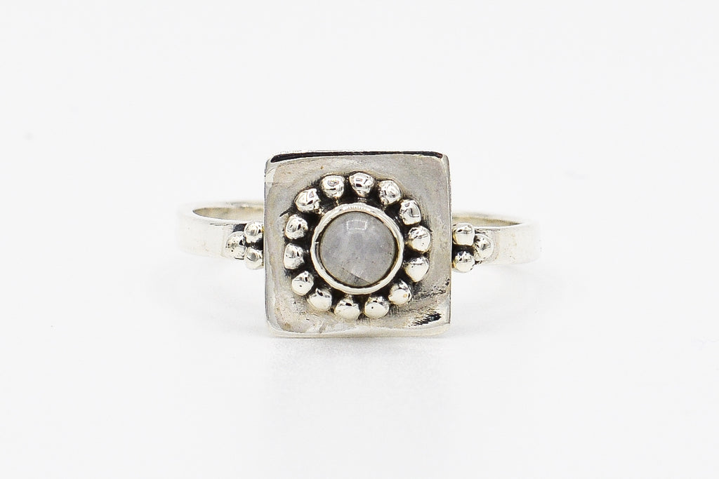 Picture of the Vyasaar ring, a Nelumbo jewelry piece, handmade from 925 sterling silver and moonstone